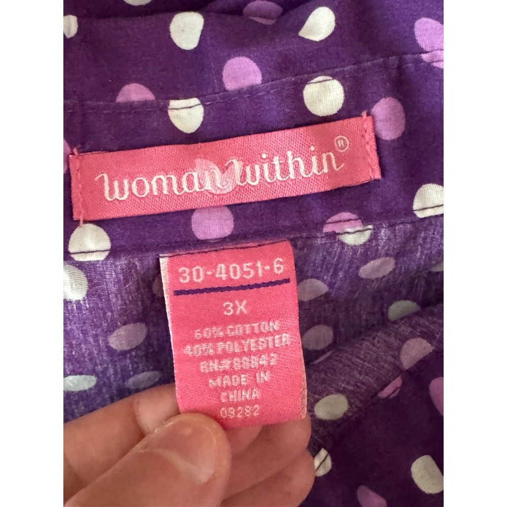 Woman Within Purple Polka Dot Button Up Shirt Womens 3X Long Sleeve Cotton Blend - Picture 10 of 11